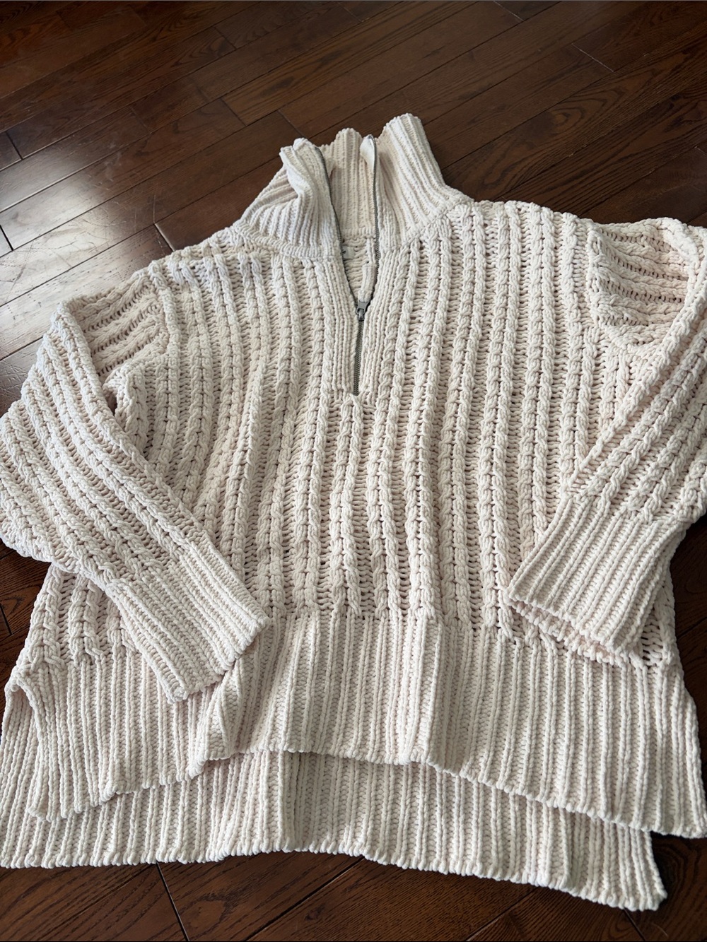 American Eagle Outfitters Cream Chunky Quarter-Zip Cable Knit Sweater